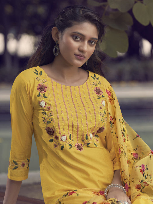 Women Yellow Embroidered Straight Kurta Trouser With Dupatta Set