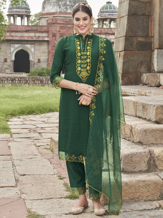 Women Green Embroidered Straight Kurta Trousers With Dupatta Set