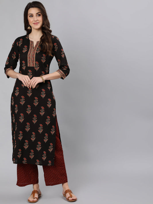 Women Black Ethnic Printed Straight Kurta With One Side Pocket