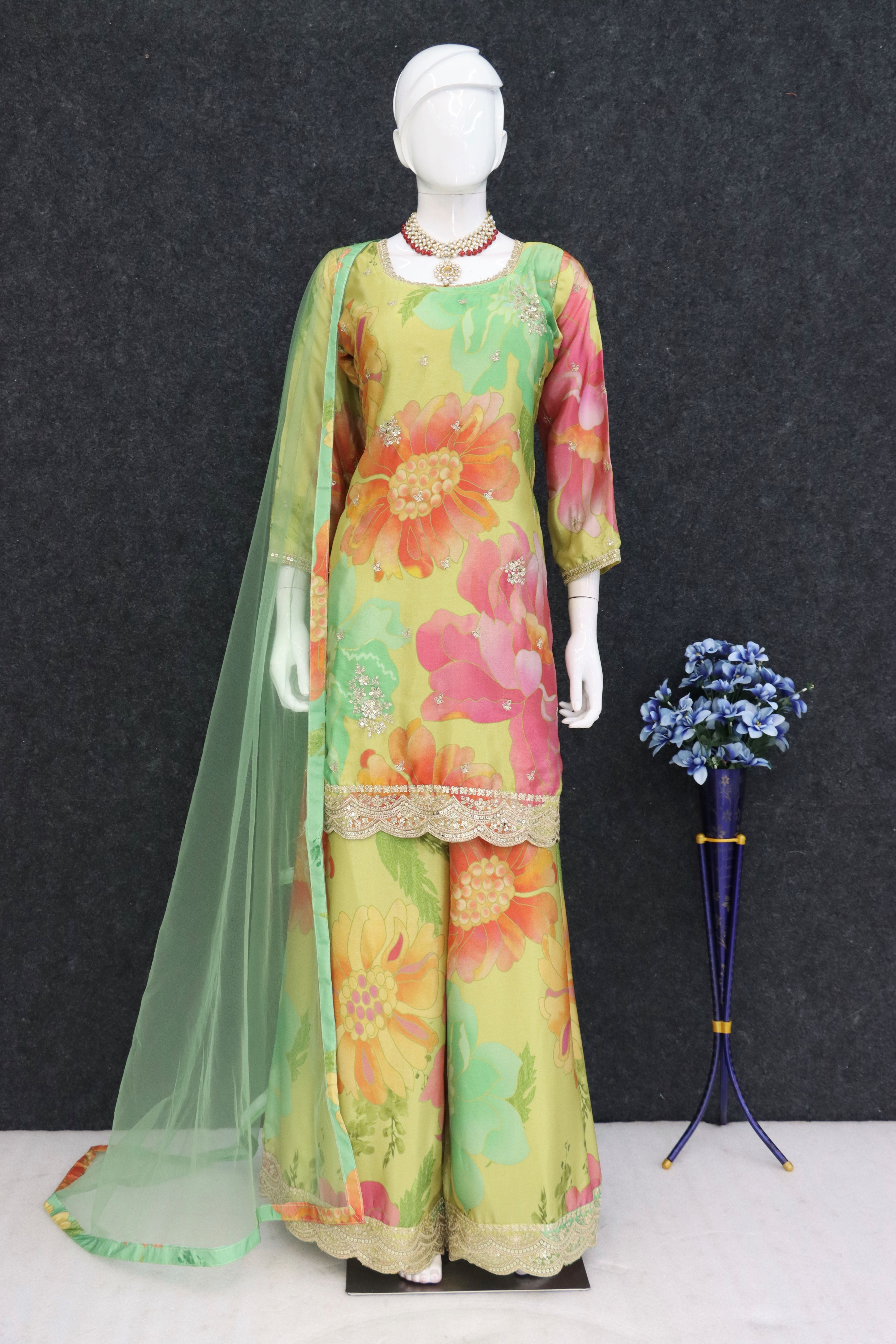 Yellow Party Wear Floral Printed Sharara Suit