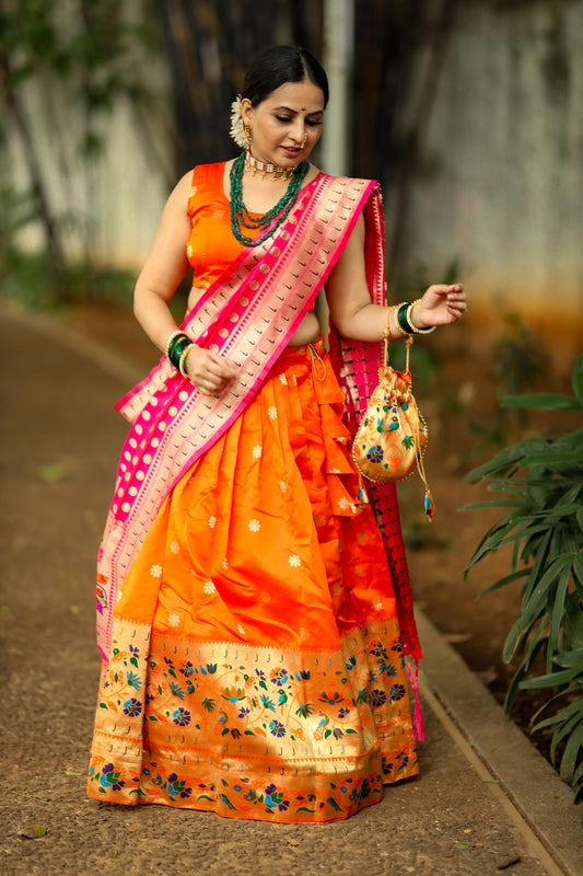 Orange Silk Paithani Design Lehenga Choli Set