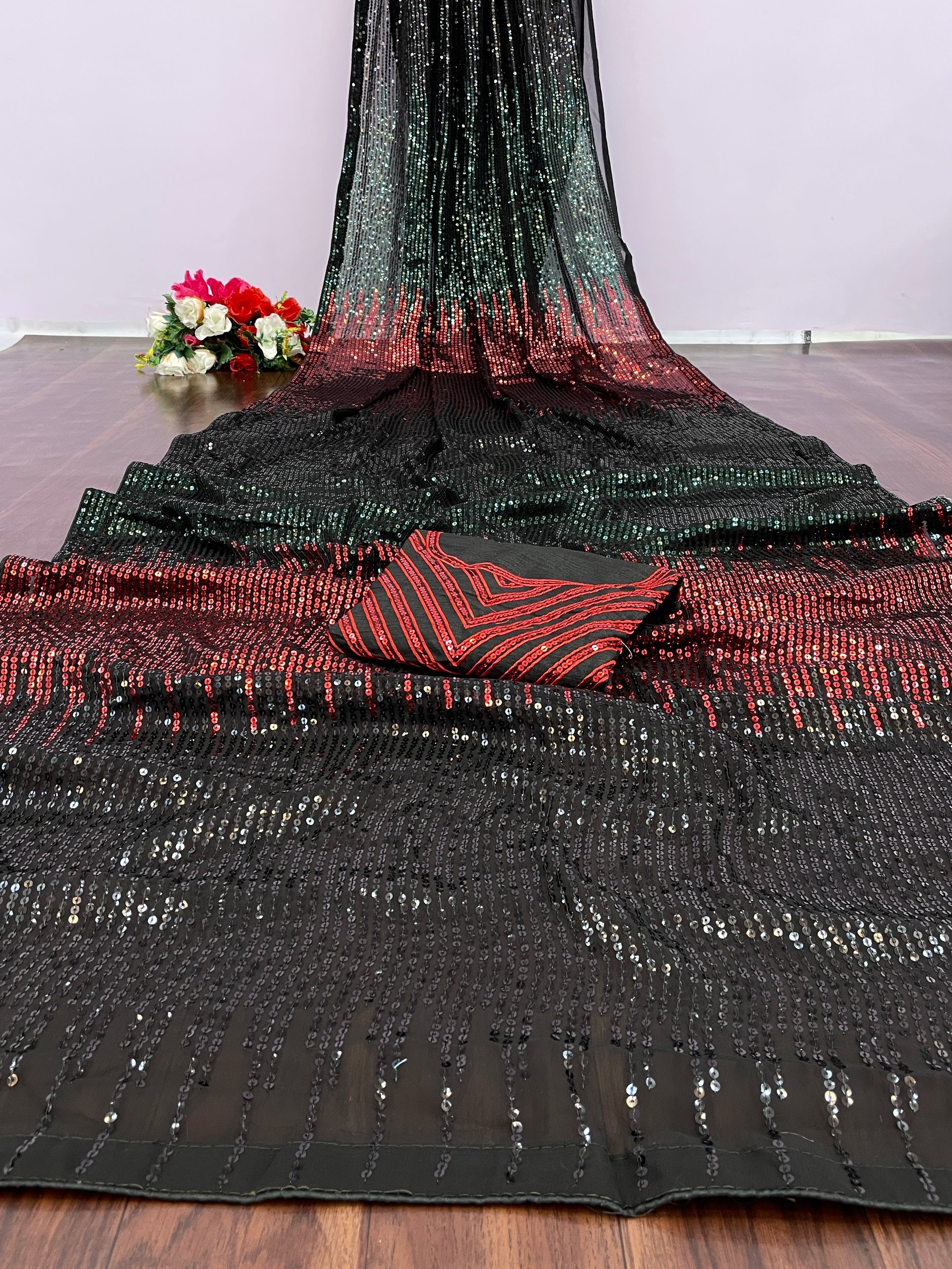 Black & Red Embellished Sequinned Pure Georgette Saree