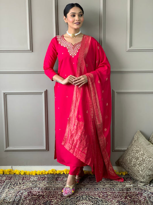 Red Viscose Chanderi Kurta Set  With Embroidery