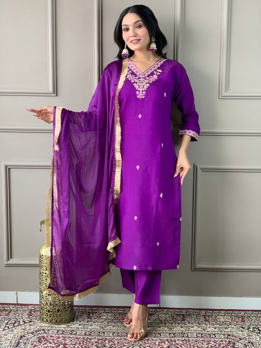 Purple Viscose Chanderi Designer Embroidery Work   Graceful Festive Wear Straight Kurta