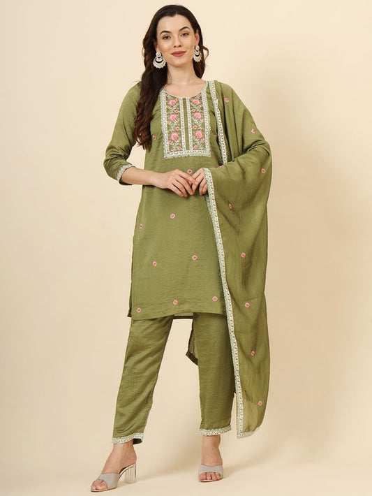 Green Vichitra Silk Designer Embroidery Work Graceful Ethnic