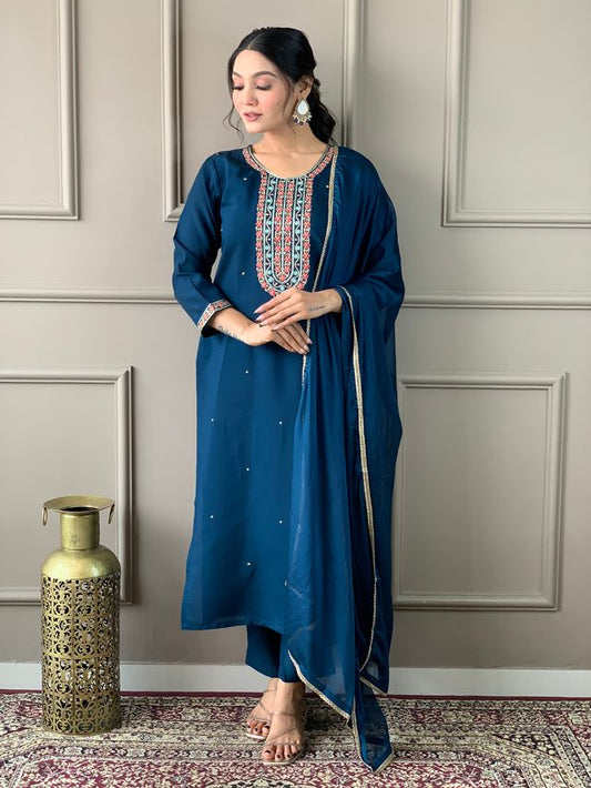 Blue Viscose Chanderi Designer Embroidery Work