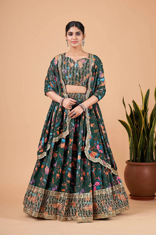 Digital Print Satin Silk Fabric Stitched Lehenga Choli With Jequared Blouse and Assami Silk Thread Work Dupatta For Women and Girls In Festive Party And Traditional Wear