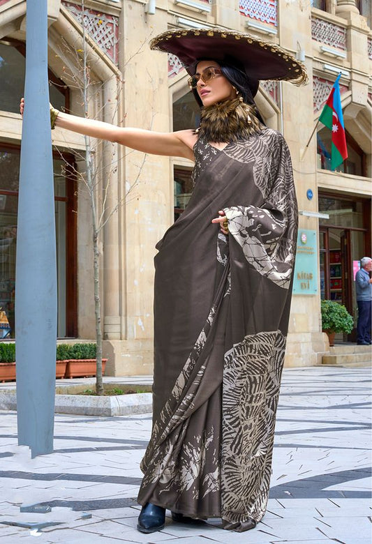 Dark Grey Printed Ethnic Sarees