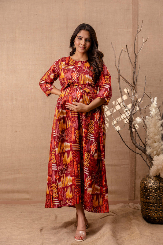 Women Maroon Printed Flared Maternity Dress