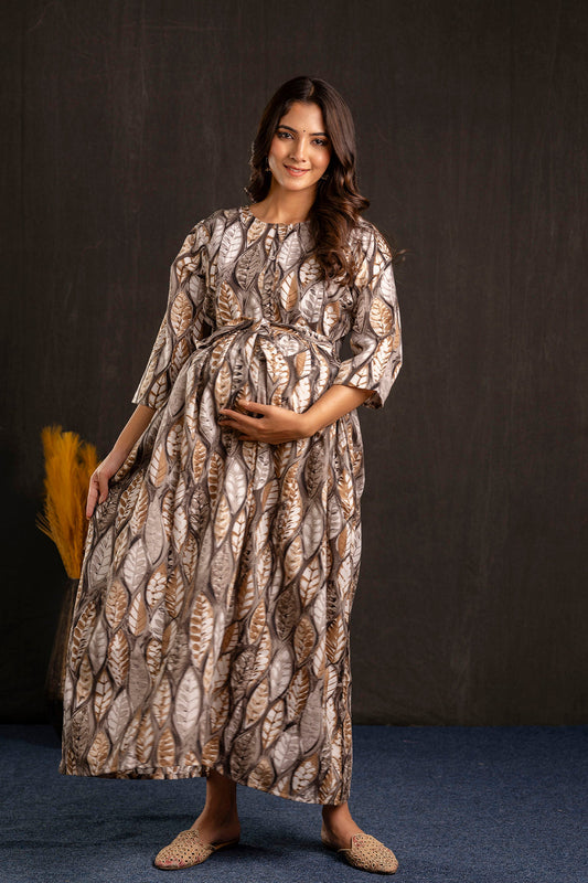 Women Grey Printed Flared Maternity Dress