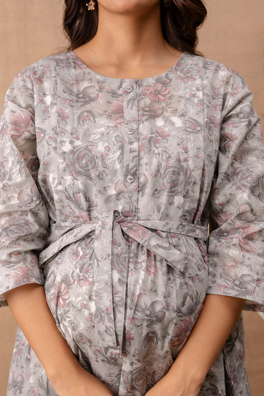 Women Grey Printed Flared Maternity Dress