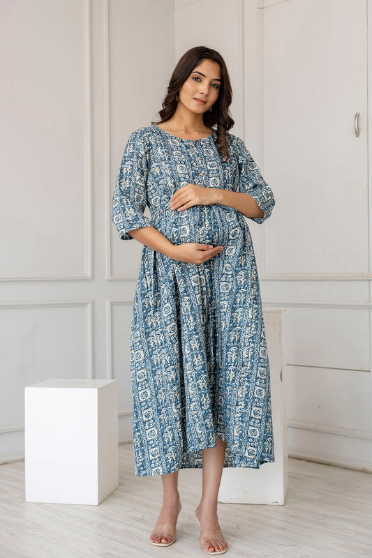 Women Teal Blue Printed Flared Maternity Dress