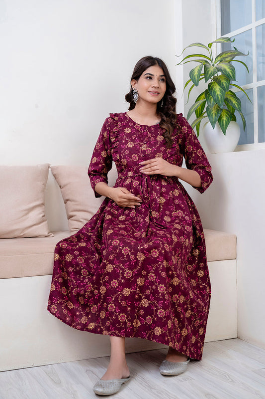 Fab Burgundy Printed Maternity Dress For Women