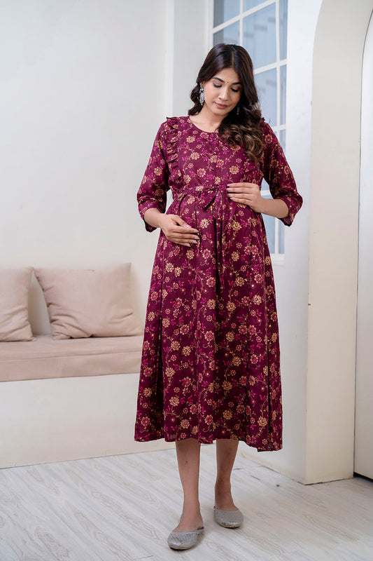 Fab Burgundy Printed Maternity Dress For Women