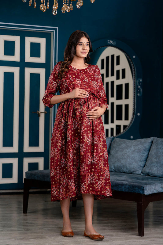 Fab Maroon Printed Maternity Dress For Women