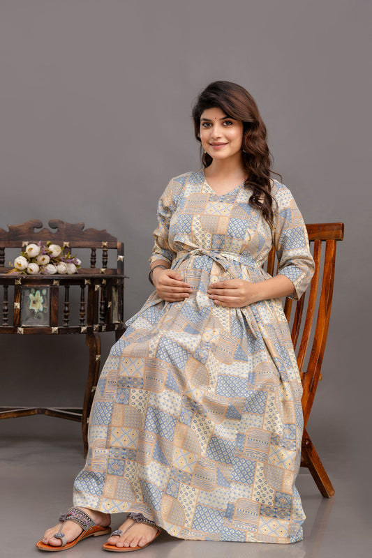 Fab Blue Printed Maternity Dress For Women