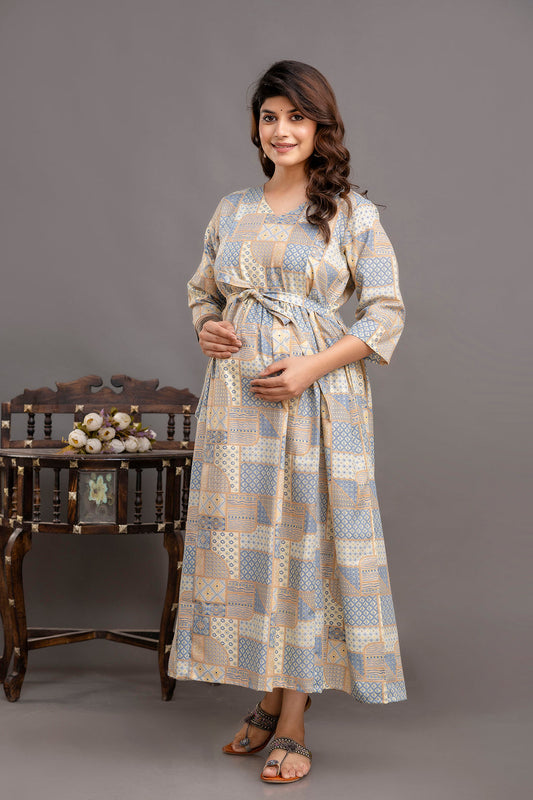 Fab Blue Printed Maternity Dress For Women