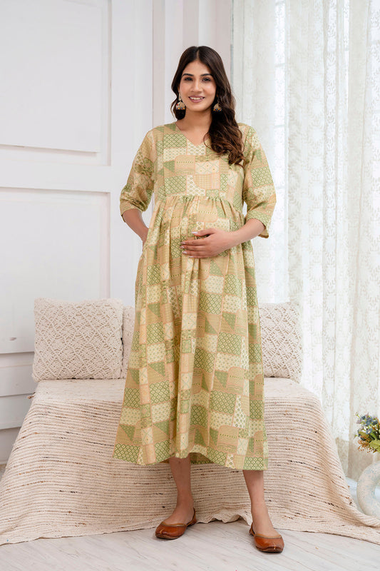 Fab  Green Printed Maternity Dress For Women