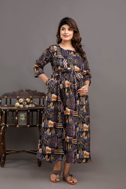 Fab Black Printed Maternity Dress For Women