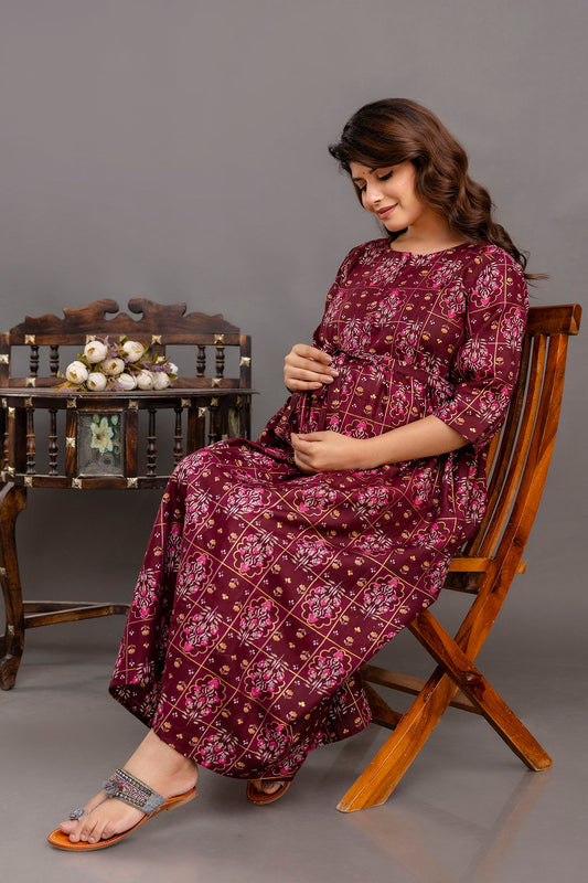 Fab Burgundy Printed Maternity Dress For Women