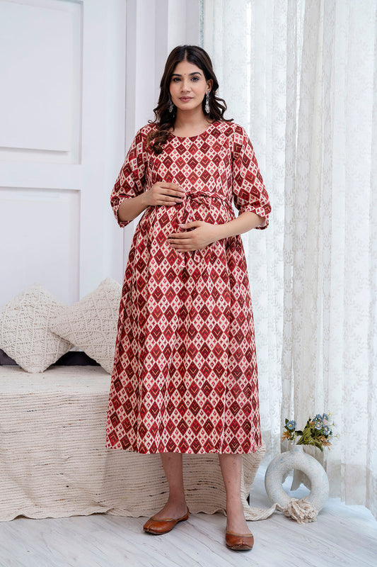 Fab Maroon Printed Maternity Dress For Women