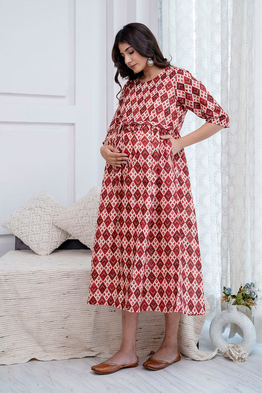 Fab Maroon Printed Maternity Dress For Women