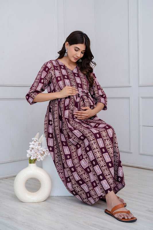 Fab Burgundy Printed Maternity Dress For Women