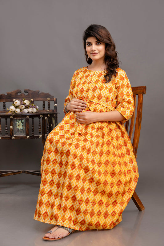 Fab Yellow Printed Maternity Dress For Women