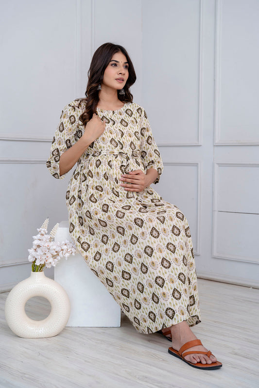 Fab Off White Printed Maternity Dress For Women