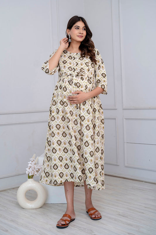 Fab Off White Printed Maternity Dress For Women