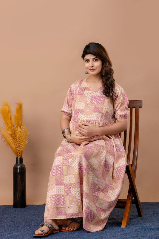 Fab Pink Printed Maternity Dress For Women