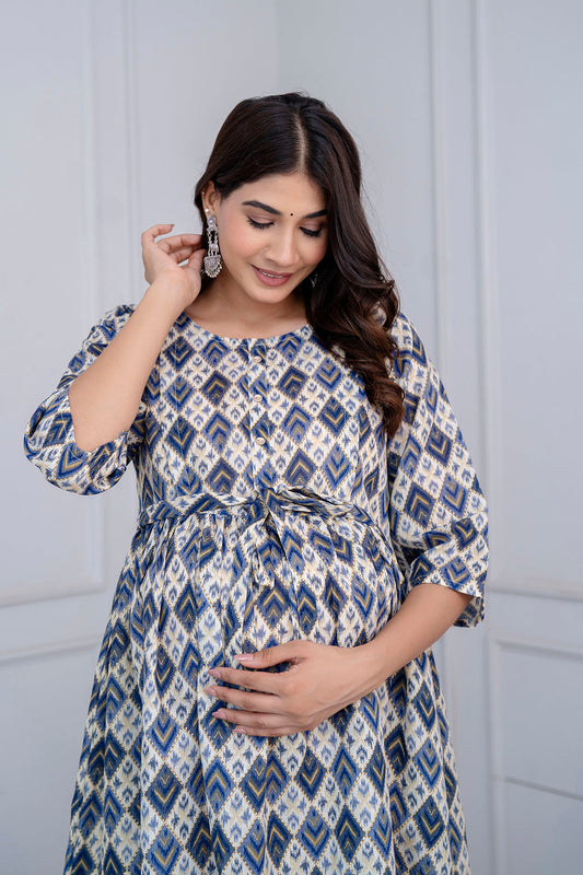 Fab Blue Printed Maternity Dress For Women