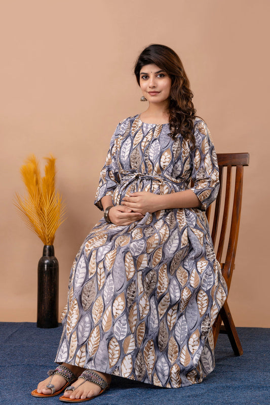 Fab Grey Printed Maternity Dress For Women