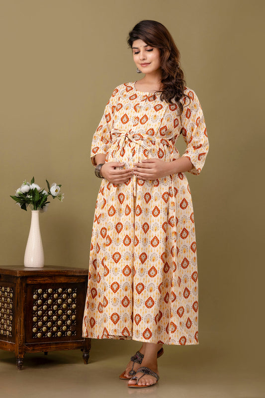 Fab Off White Printed Maternity Dress For Women