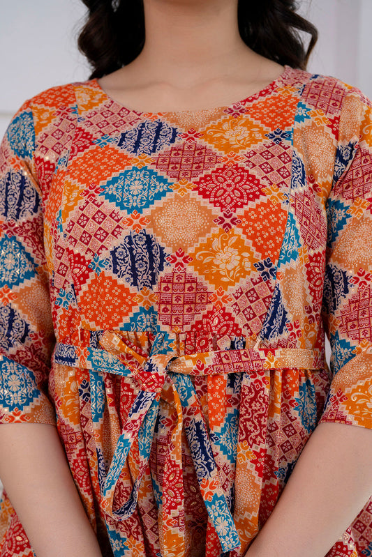 Orange Printed Maternity Dress For Women