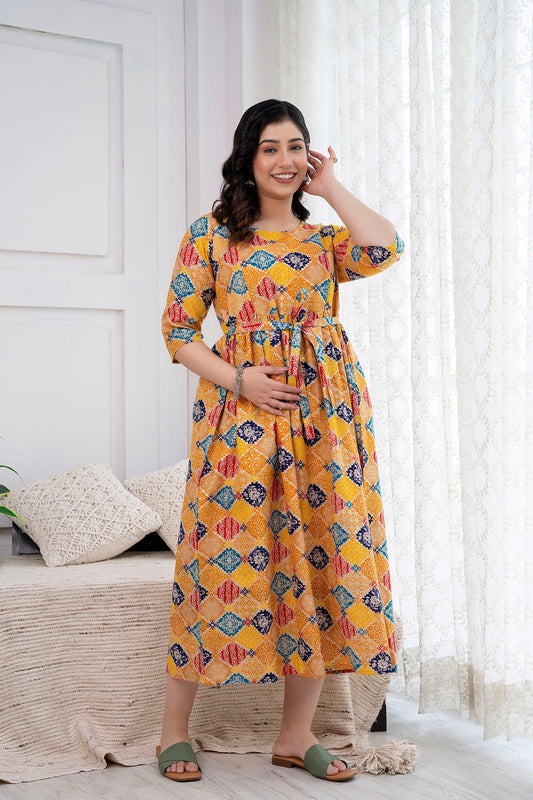 Yellow Printed Maternity Dress For Women