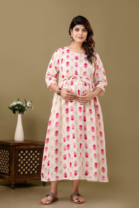 Women Off White Printed Flared Maternity Dress