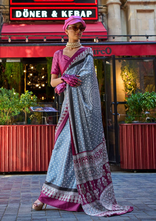 Grey dots print saree