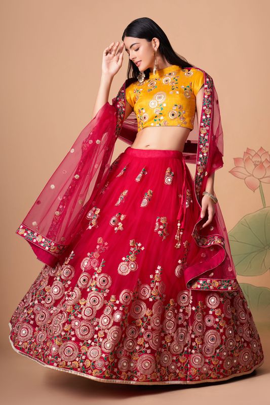 Rani Pink Women's Soft Net Embroidery Lehenga Choli