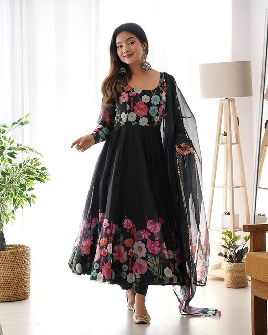 Black Soft Organza Silk With Floral Print Fully Flared Anarkali Pant With Dupatta Set