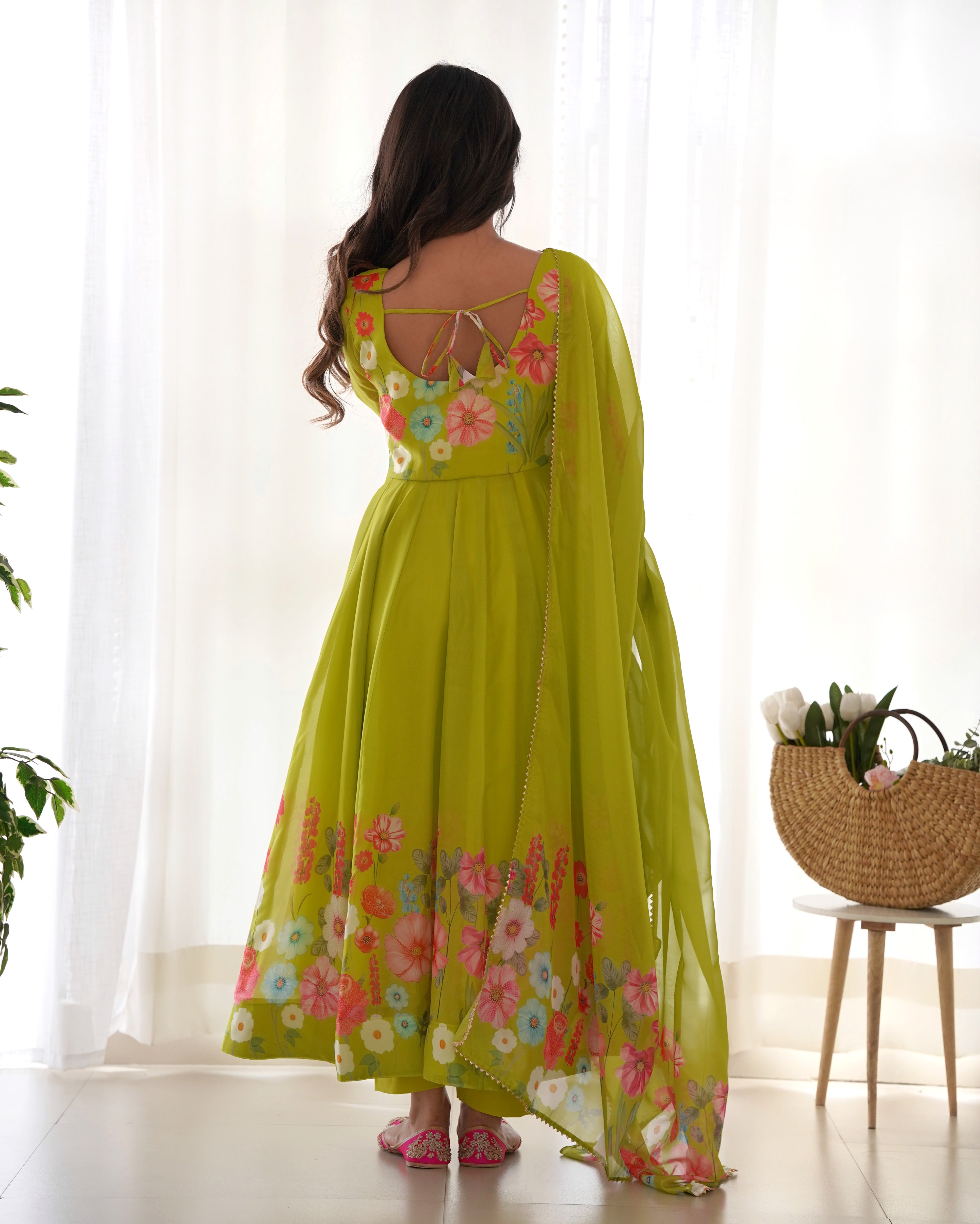 Parrot Soft Organza Silk With Floral Print Fully Flared Anarkali Pant With Dupatta Set