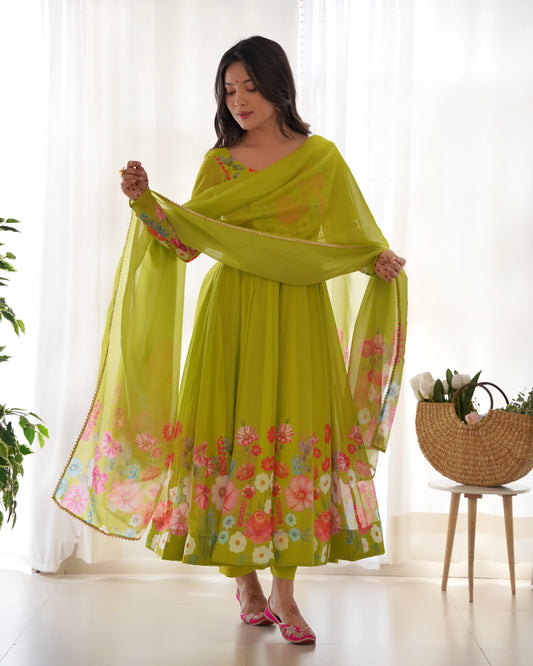 Parrot Soft Organza Silk With Floral Print Fully Flared Anarkali Pant With Dupatta Set