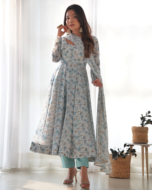 Women Pure Organza Chiffon Floral Print Fully Flair Anarkali Kurta Pant With Dupatta Set