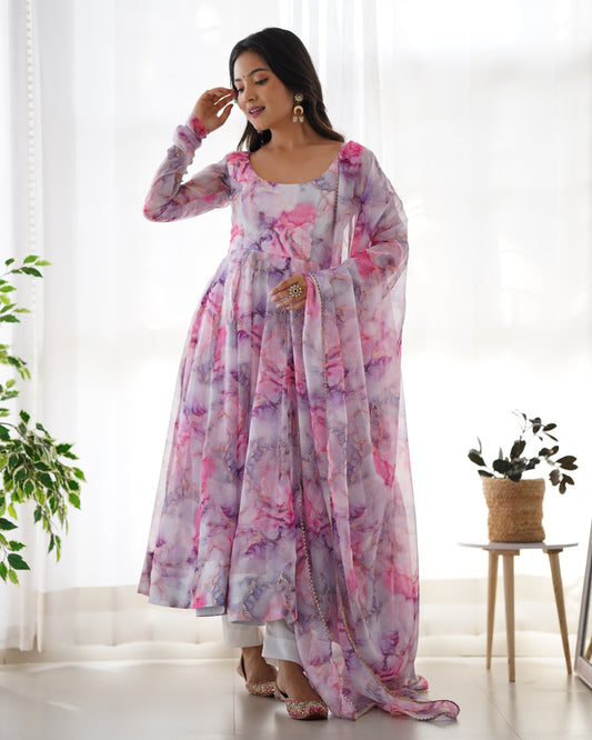 Women Pure Soft Organza Silk Print Fully Flair Anarkali With Pent Dupatta Set