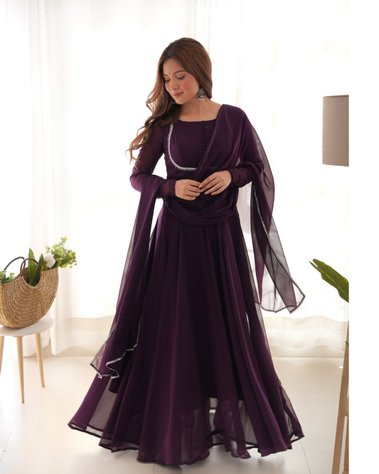 Wine Georgette Anarkali Gown Dupatta Set With Pant Ready to Wear