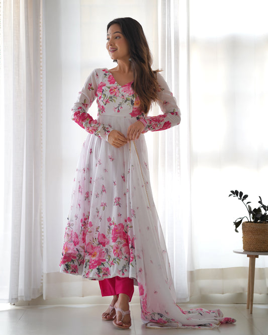 Women Pure Soft Organza Silk Floral Print Fully Flair Anarkali With Pent Dupatta Set