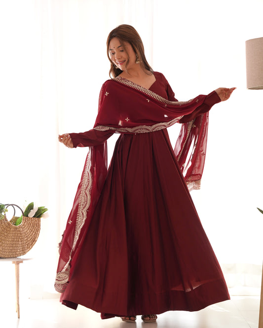 Maroon Pure Roman Silk Chanderi Fabric Fully Flared Anarkali Pant With Dupatta Set