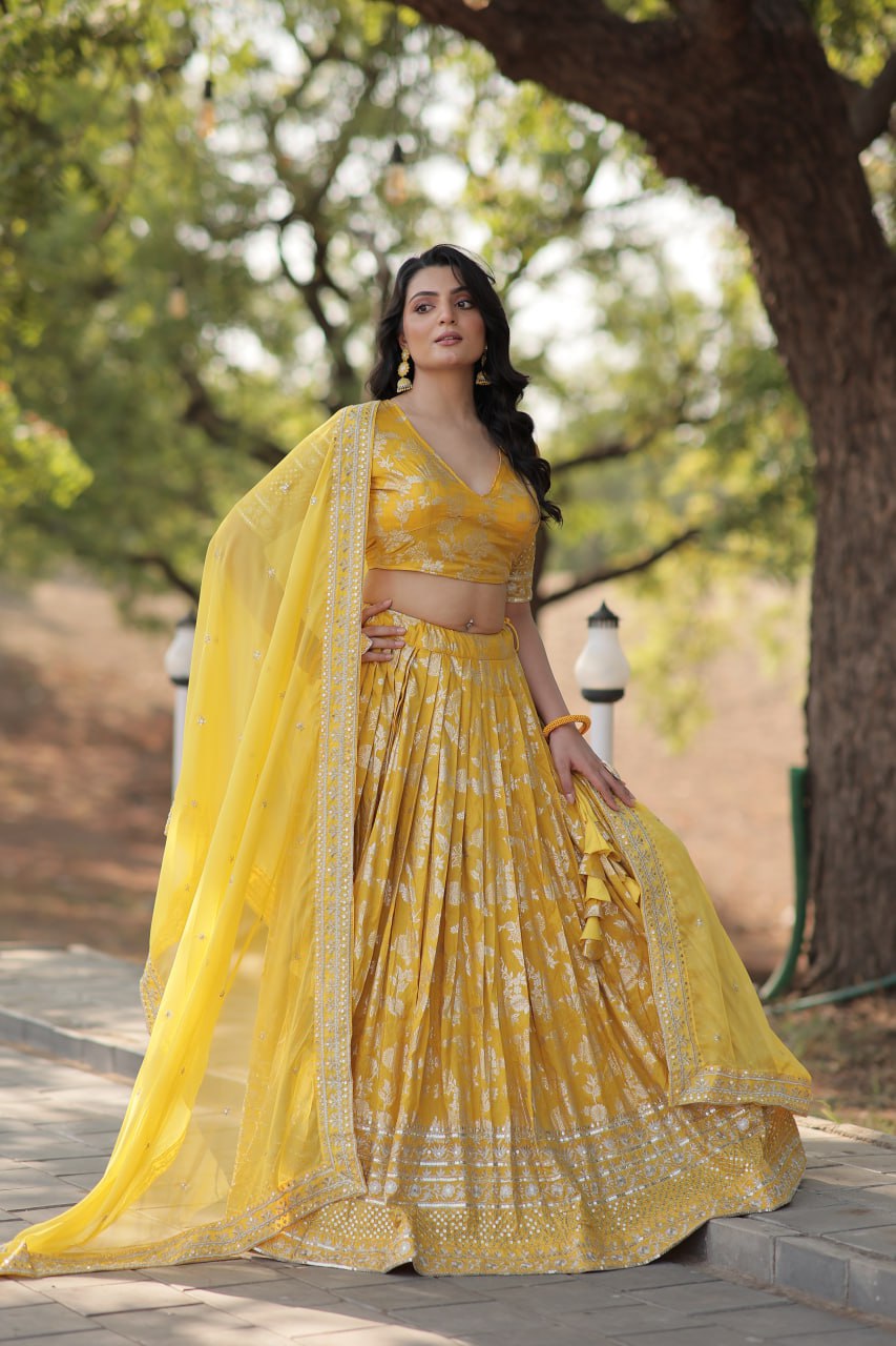 Yellow Pure Viscose Jacquard with Embroidered Sequins work Lehenga Choli