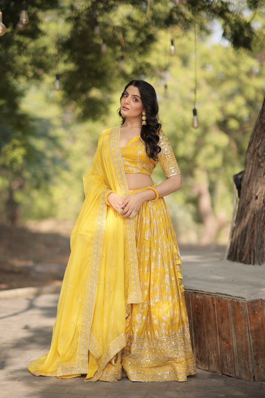 Yellow Pure Viscose Jacquard with Embroidered Sequins work Lehenga Choli