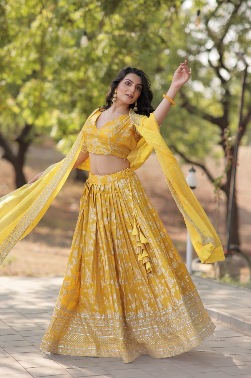 Yellow Pure Viscose Jacquard with Embroidered Sequins work Lehenga Choli